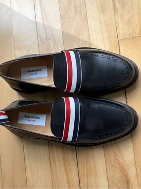 Thom Browne Black Leather Loafers with Red-White-Navy Ribbon